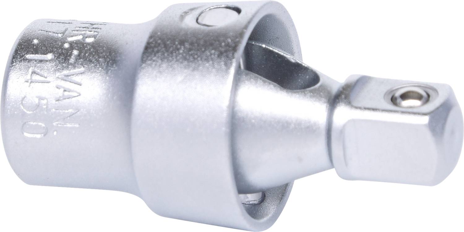 Srebrny adapter z czworokątnym mocowaniem po jednej stronie i okrągłą główką z otworem po drugiej stronie, wykonany z metalu.