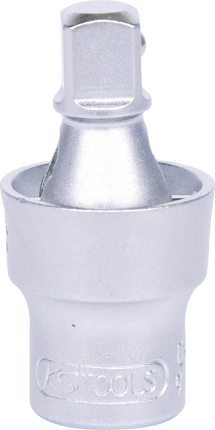 Srebrny metalowy element narzędziowy, prawdopodobnie nasadka, z kwadratowym mocowaniem, przydatny do prac montażowych.