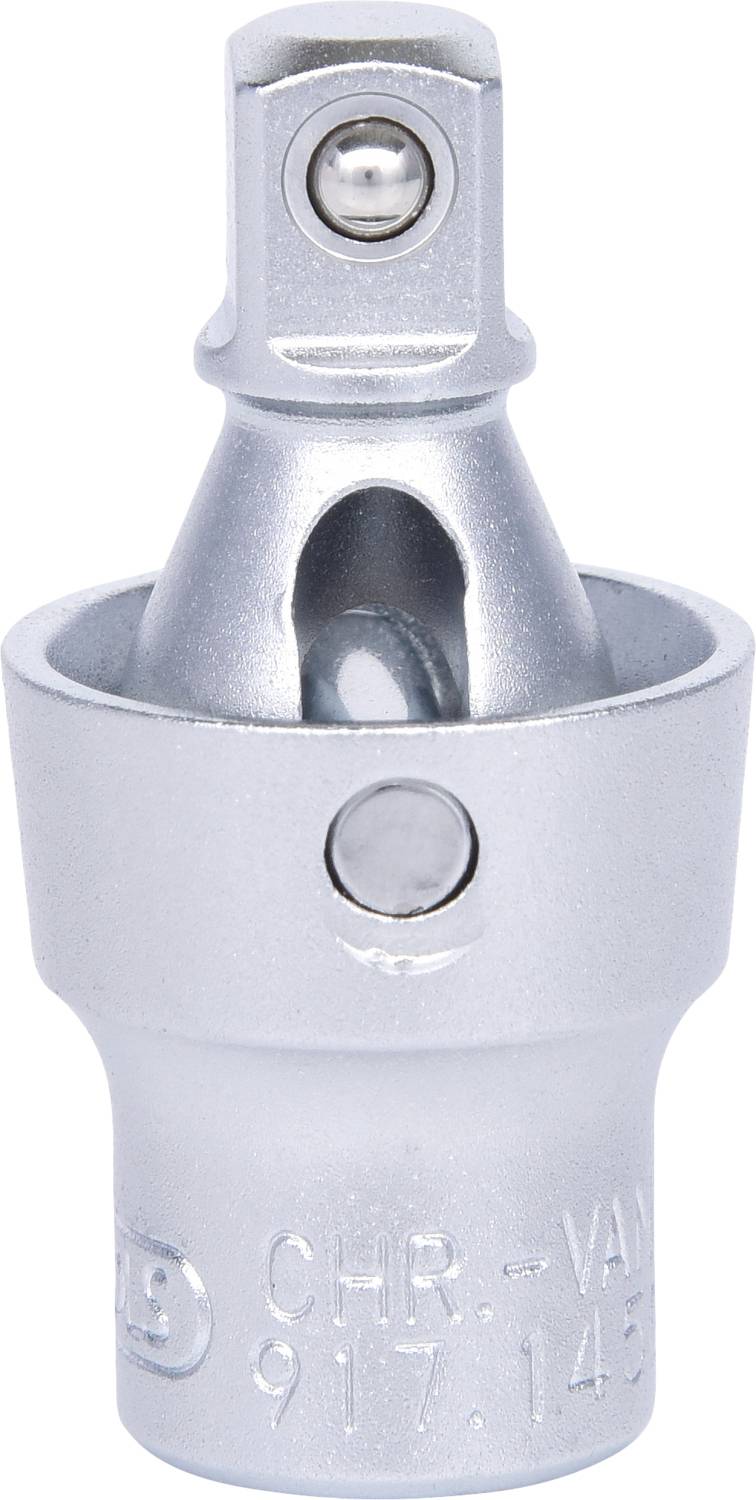 Srebrny adapter do nasadek z metalu, używany do łączenia nasadek z narzędziami; napis z boku 'CHR-VAN 917-143'.