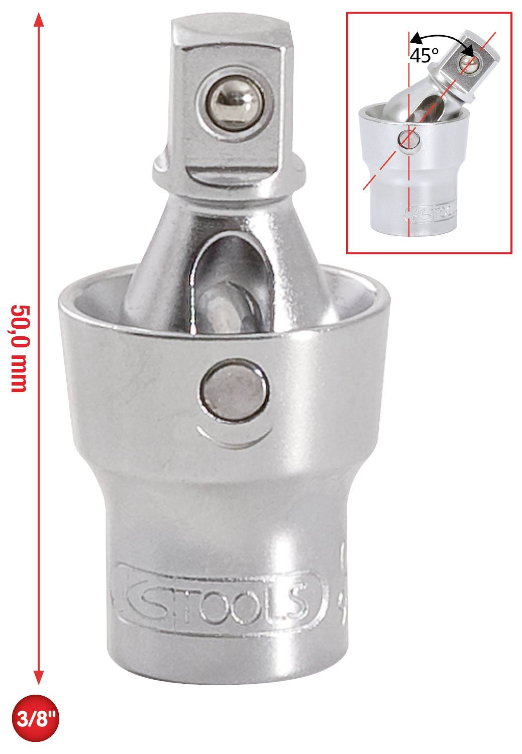 Obrotowy adapter do narzędzi o długości 50 mm z mocowaniem 3/8 cala. Szczegółowo przedstawia obrót pod kątem 45 stopni.