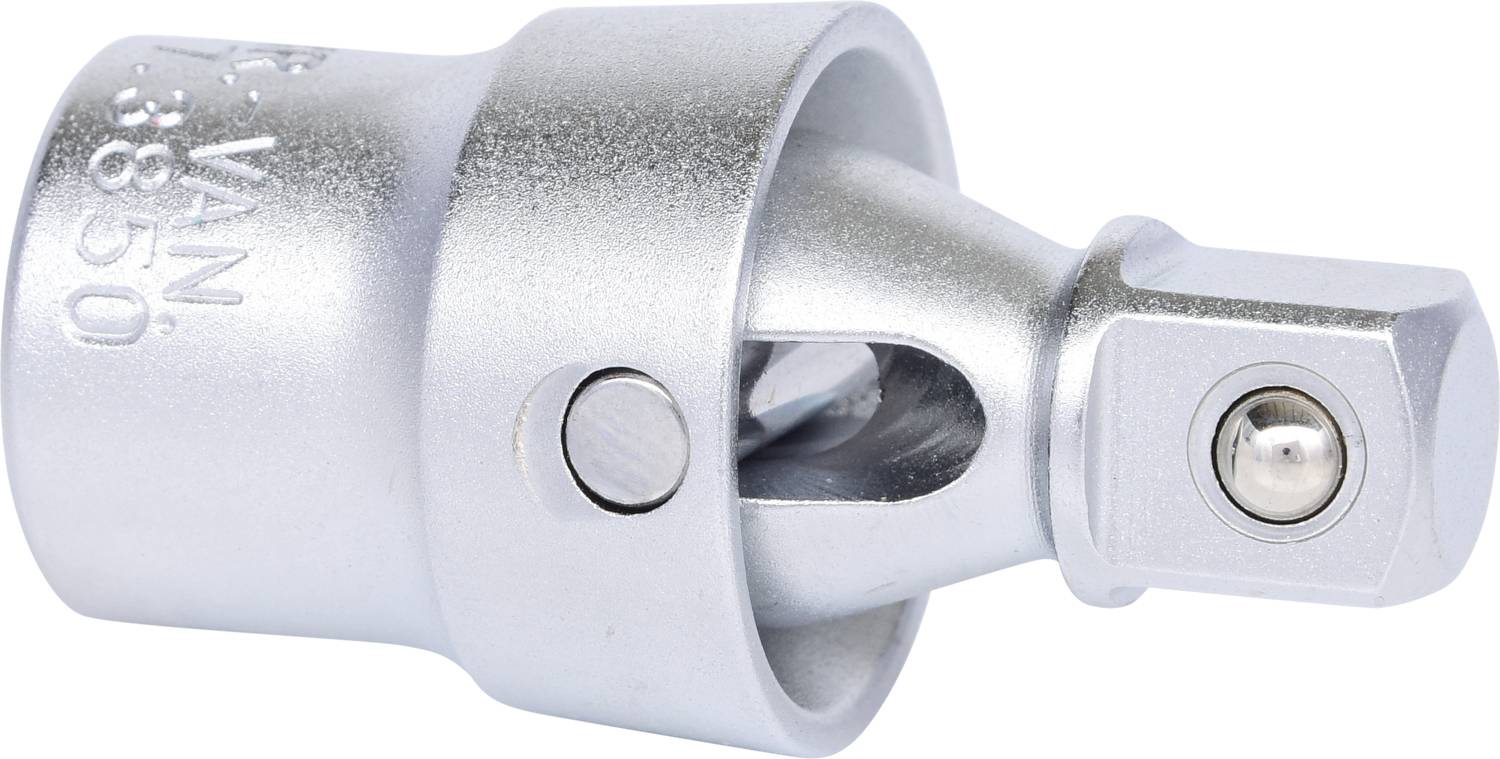 Srebrny metalowy adapter przegubowy, powszechnie stosowany do elastycznego łączenia nasadek i przenoszenia momentu obrotowego.