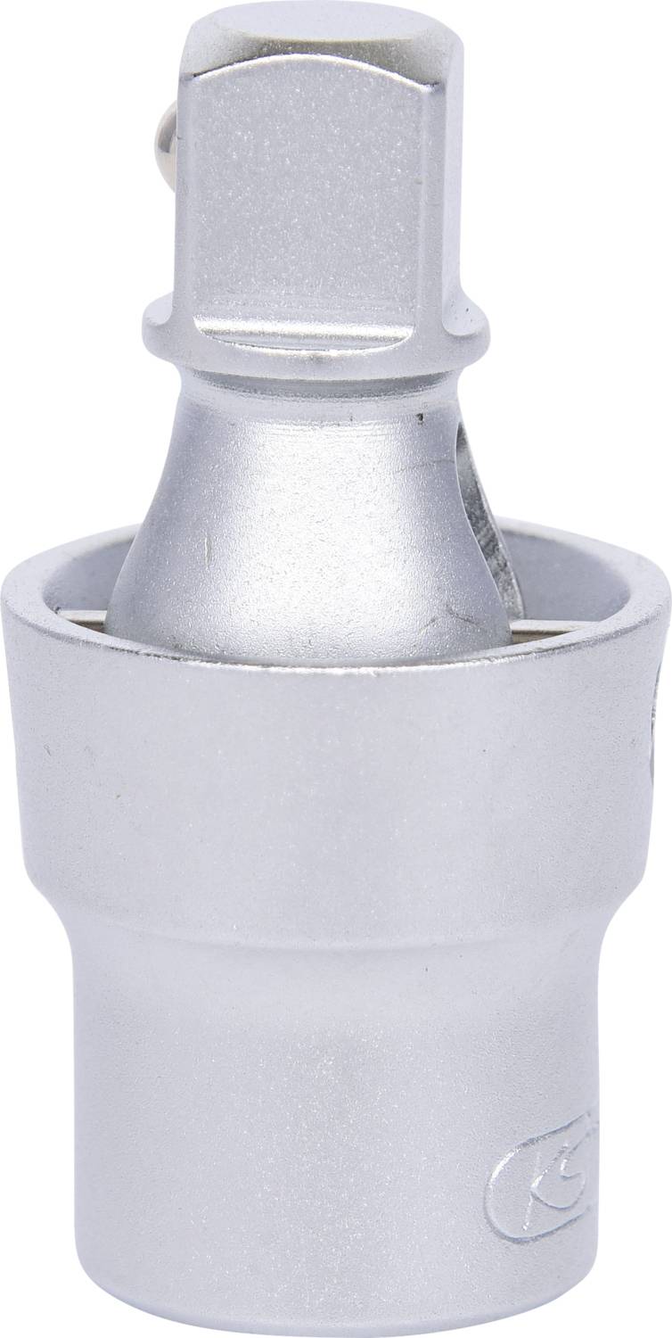 Metalowy uchwyt narzędziowy, srebrny, cylindryczny, zakończony kwadratową końcówką do klucza nasadowego.