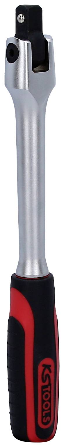 Srebrny uchwyt grzechotki z czarną i czerwoną rękojeścią, odpowiedni do użycia w warsztatach i projektach majsterkowiczów.