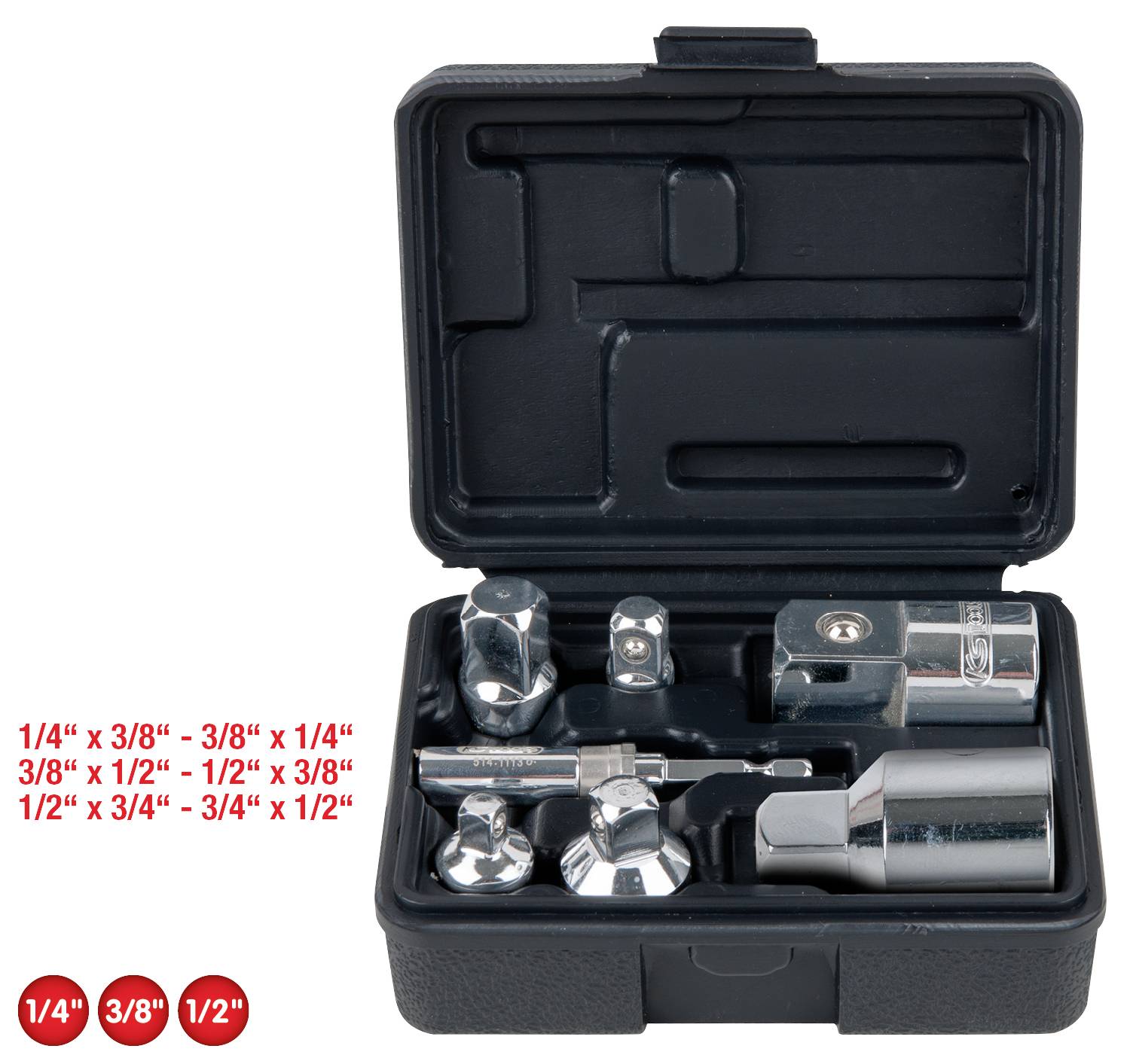 Otwarta walizka narzędziowa z różnymi nasadkami i adapterami o różnych rozmiarach.