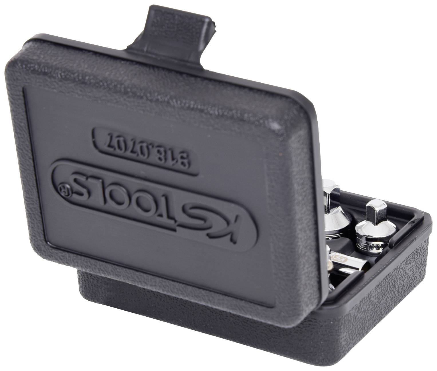 Czarne etui z tworzywa sztucznego z otwartą pokrywą, zawierające narzędzia. Logo marki 'KS TOOLS' na pokrywie.