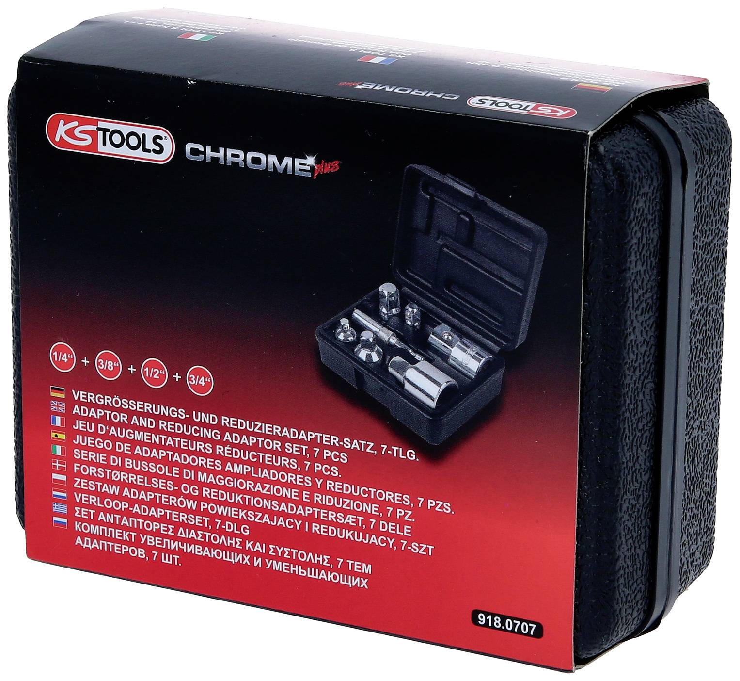 Czarny kufer z zestawem narzędzi. Nadruk wskazuje 'KS Tools' i 'Chrome Plus'. Zawiera adaptery i przedłużki w różnych rozmiarach.