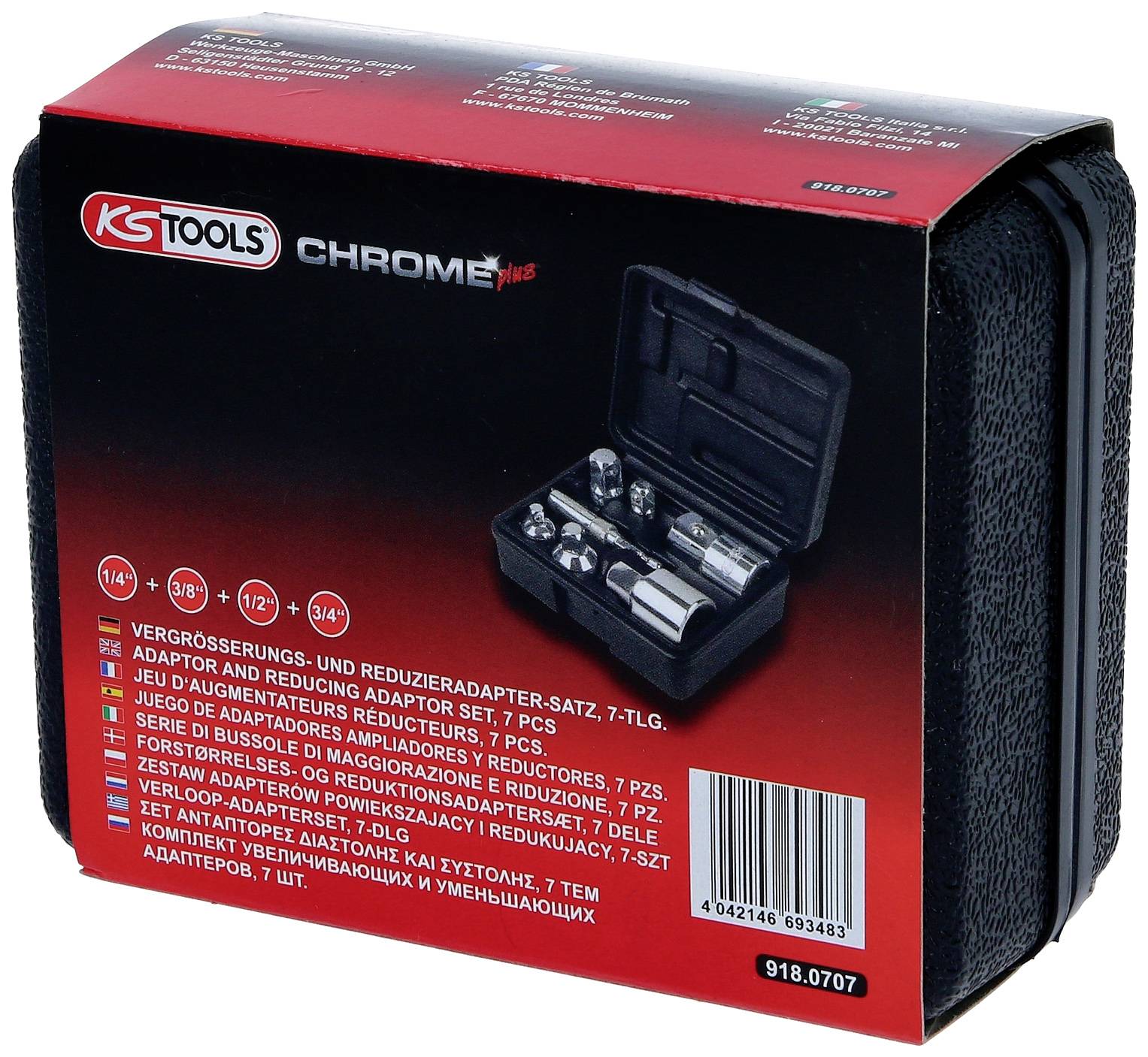 Zestaw adapterów 'KS Tools' Chrom-Plus, 7-elementowy, z różnymi rozmiarami adapterów. Czarne pudełko z czerwoną etykietą i zdjęciem produktu.