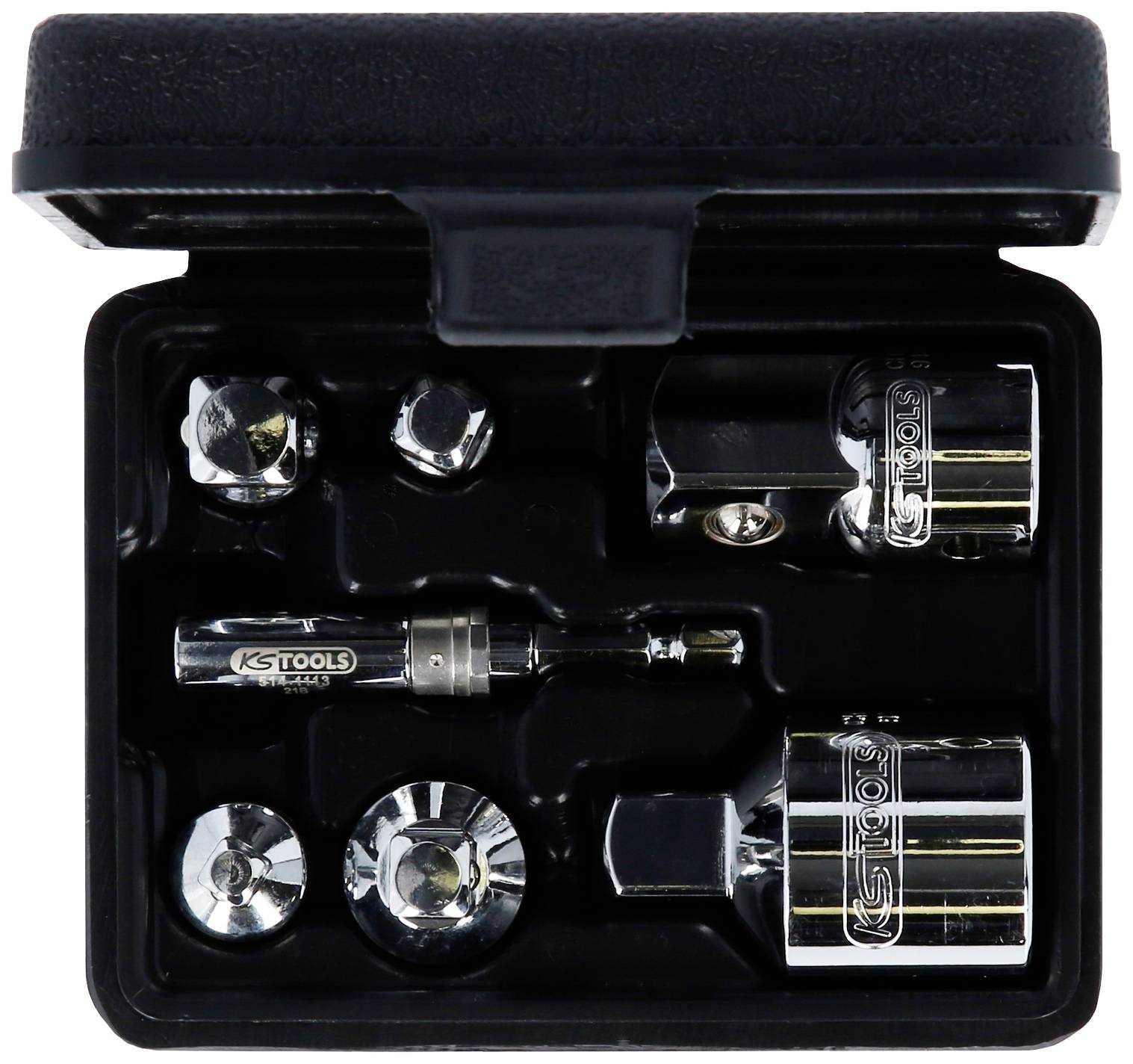 Czarne etui z srebrnymi nasadkami narzędziowymi, w tym nasadkami i przedłużkami marki 'KS TOOLS'.