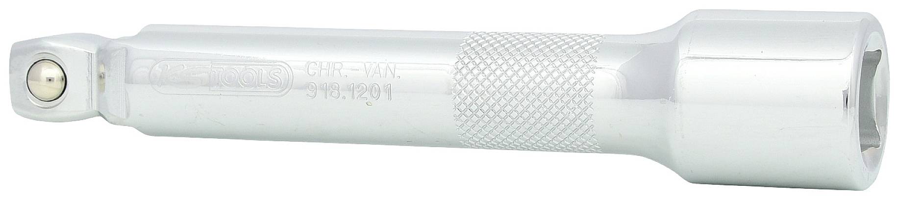 Srebrny przedłużacz do klucza nasadowego z żebrowanym uchwytem i kwadratowym mocowaniem na jednym końcu.