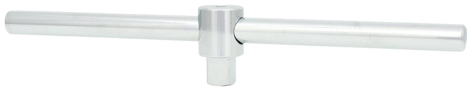 Srebrny klucz T z dłuższym uchwytem poprzecznym i krótszym trzpieniem, typowy do stosowania jako nasadka narzędziowa.