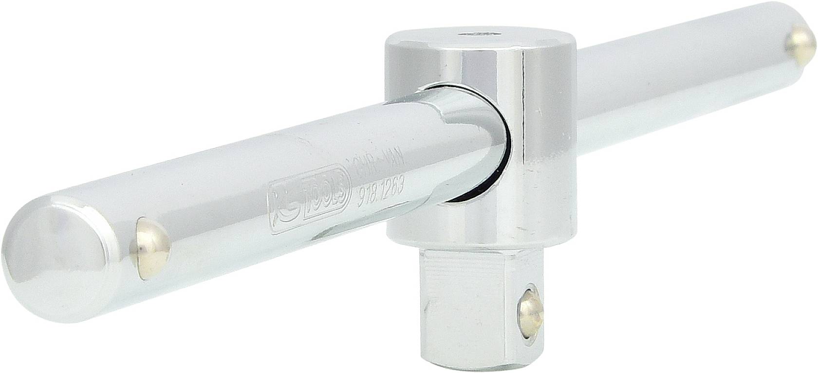 Srebrny klucz z uchwytem w kształcie litery T, posiadający okrągłą główkę i dwa ruchome ramiona, służący do wywierania siły na narzędzia lub połączenia śrubowe.