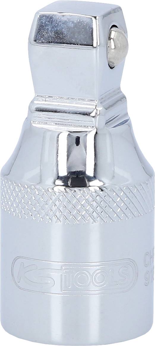 Srebrny adapter do klucza nasadowego z błyszczącym wykończeniem i żłobionym uchwytem, przeznaczony do łączenia kluczy nasadowych.