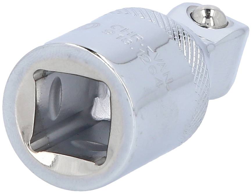 Metalowy adapter klucza nasadowego z kwadratową głowicą i rowkowanym uchwytem, przeznaczony do łączenia narzędzi.
