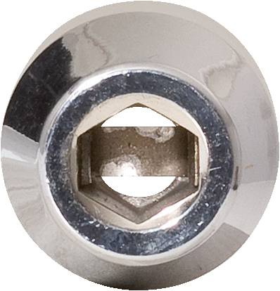 Widok z przodu srebrnej śruby sześciokątnej lub sworznia z gwintem wewnętrznym, błyszcząca powierzchnia, metaliczne refleksy.