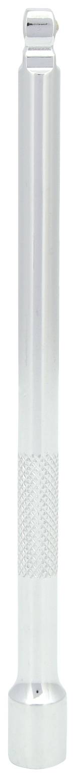 Srebrna, cylindryczna latarka LED z teksturowaną strefą chwytu.