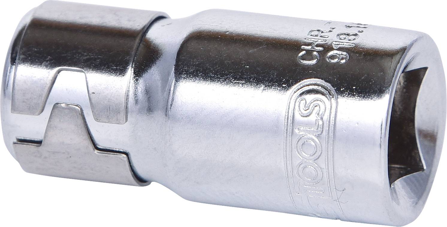 Sześciokątny adapter klucza nasadowego w kolorze srebrnym z bocznym klipsem do mocowania na narzędziu.