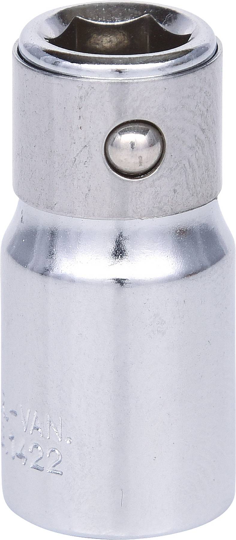 Metalowy uchwyt klucza z sześciokątnym otworem i kulką zabezpieczającą, stosowany do połączenia ze śrubokrętami lub grzechotkami.