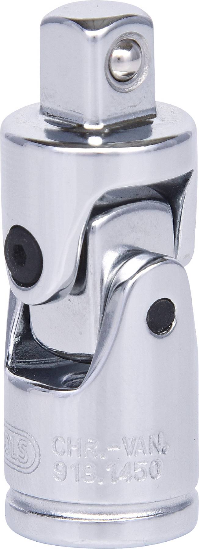 Srebrny uniwersalny przegub kulisty do nasadek, umożliwiający ruchy obrotowe. Stosowany w warsztatach mechanicznych.