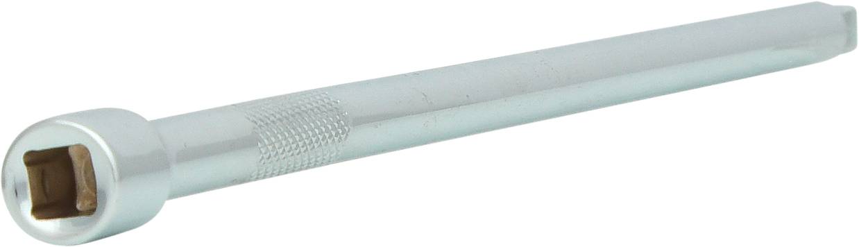 Srebrny przedłużacz do klucza nasadowego z rowkowaną powierzchnią uchwytu w pobliżu kwadratowego gniazda mocującego.