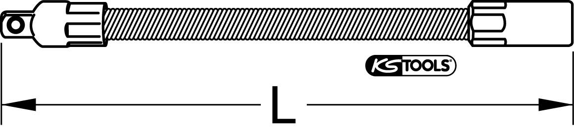 Elastyczny uchwyt przedłużający z pokrętłem i nasadką czworokątną z lewej strony, logo KS Tools po prawej stronie.