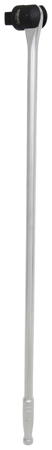 Długa, srebrna dźwignia z czarną rączką na górnym końcu, prawdopodobnie element narzędzia lub maszyny.