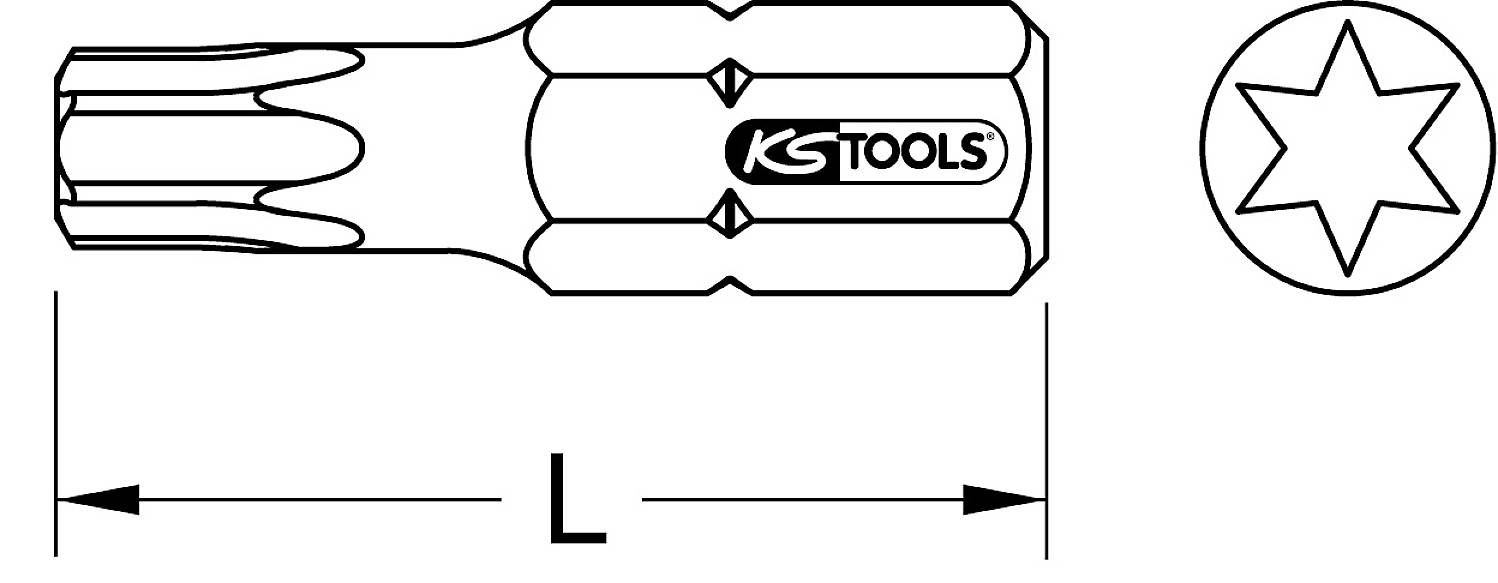Nasadka Torx 'KS TOOLS': Sześciokątna forma z łbem gwiazdkowym i oznaczeniem długości 'L'.