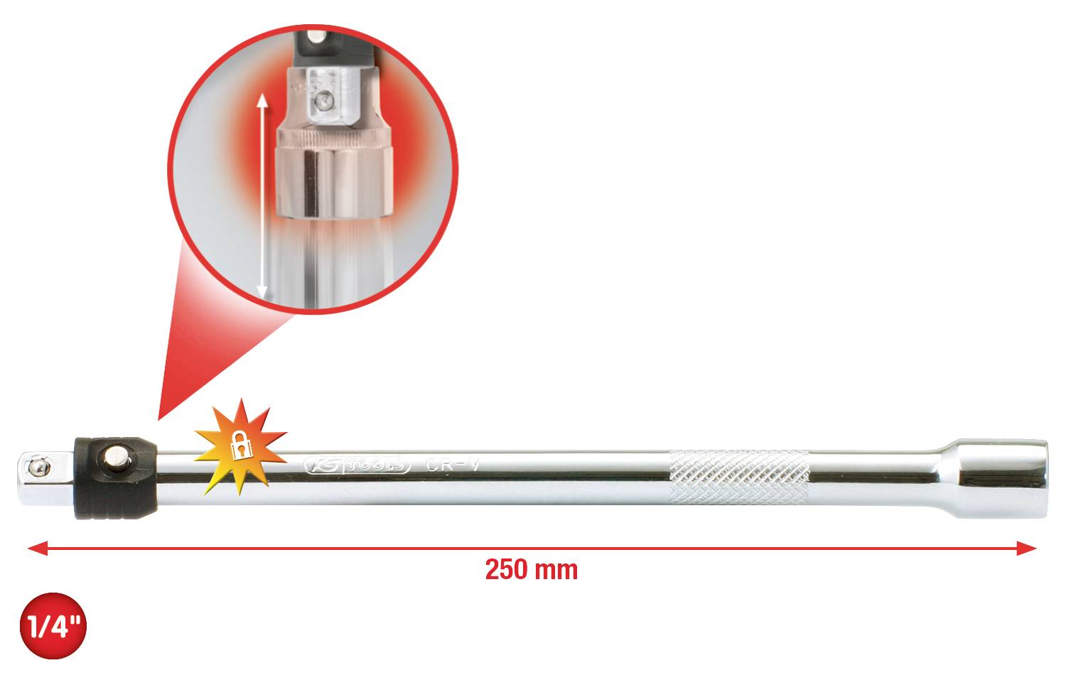 Przedłużka z mechanizmem blokującym o długości 250 mm. Przedstawia widok szczegółowy mechanizmu ryglowania na końcówce, oznaczony czerwoną strzałką.