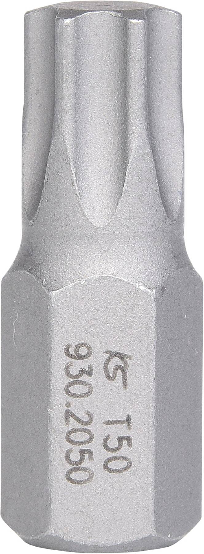 Srebrny bit wkrętaka o sześciokątnej podstawie i gwiaździstym zakończeniu. Nadruk przedstawia cyfry i litery.