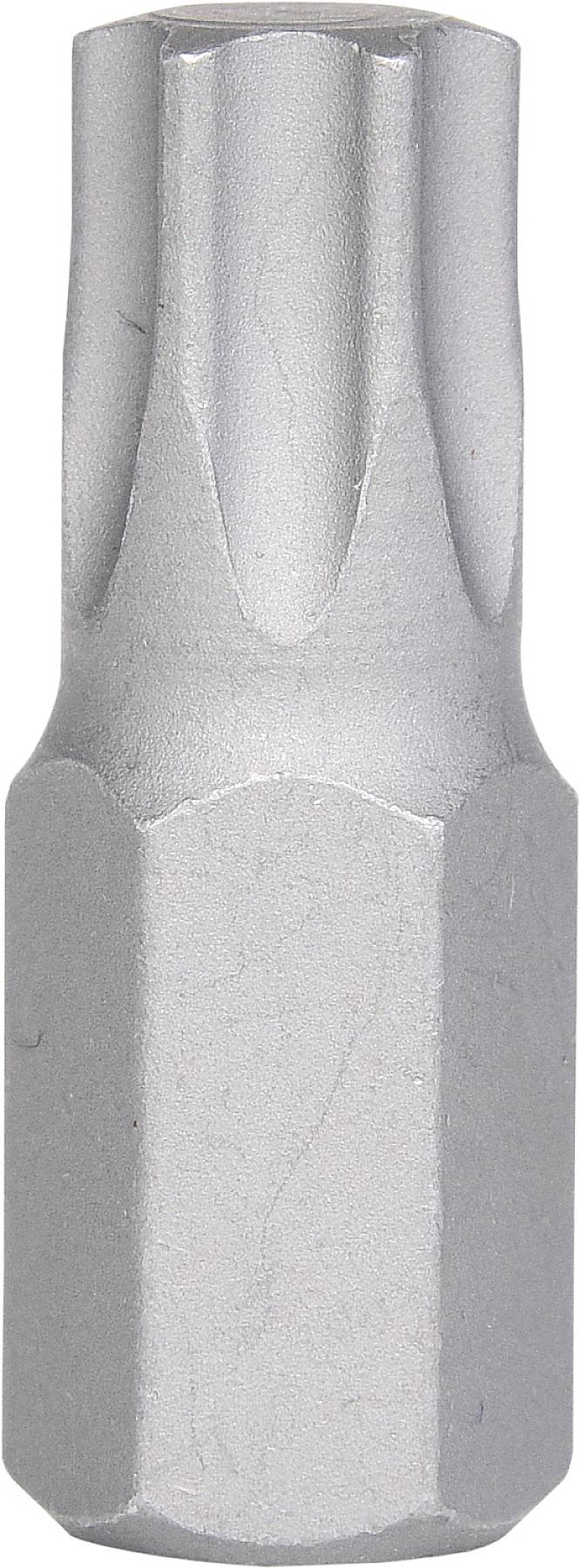 Metalowy wkręt ze stalowym sześciokątnym chwytem i gwiazdkową końcówką, przeznaczony do wkrętów Torx.