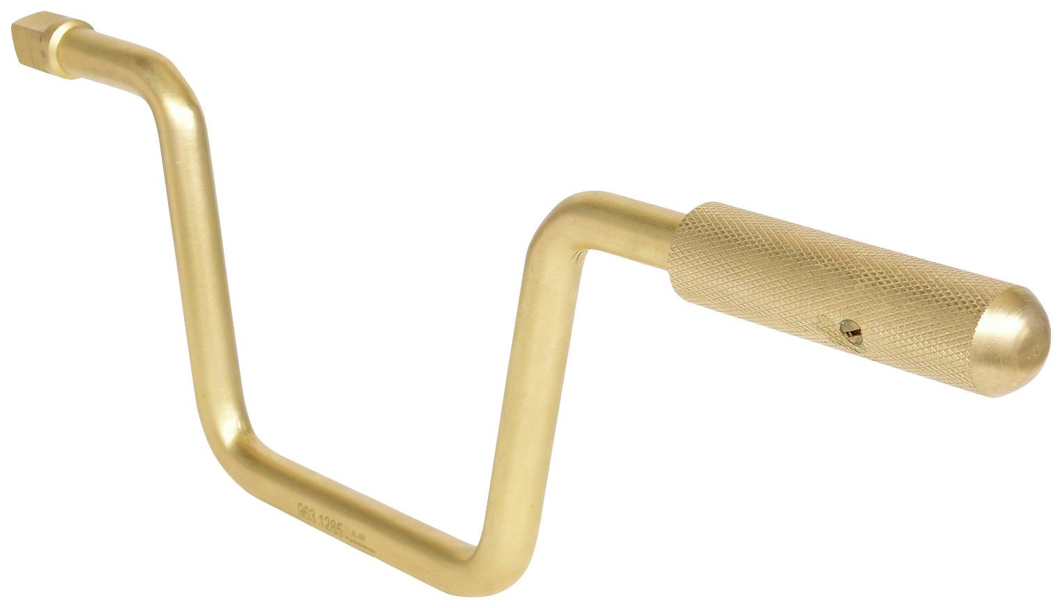 Złoty ręczny świder z ergonomicznym uchwytem i zakrzywionym trzpieniem, używany głównie do precyzyjnych prac wiertniczych prowadzonych ręcznie.