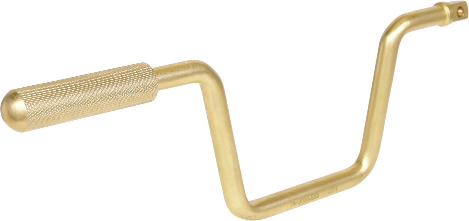 Zakrzywiony, złotawy korbowy uchwyt metalowy z teksturowaną powierzchnią uchwytu, używany do ręcznego obracania mechanizmów.