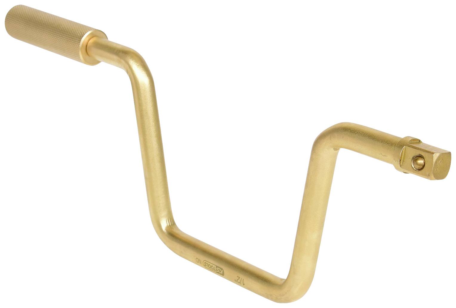 Złoty, metalowy, korbowy uchwyt w kształcie litery L z fakturowaną powierzchnią, najczęściej stosowany do obracania zaworów lub wind.