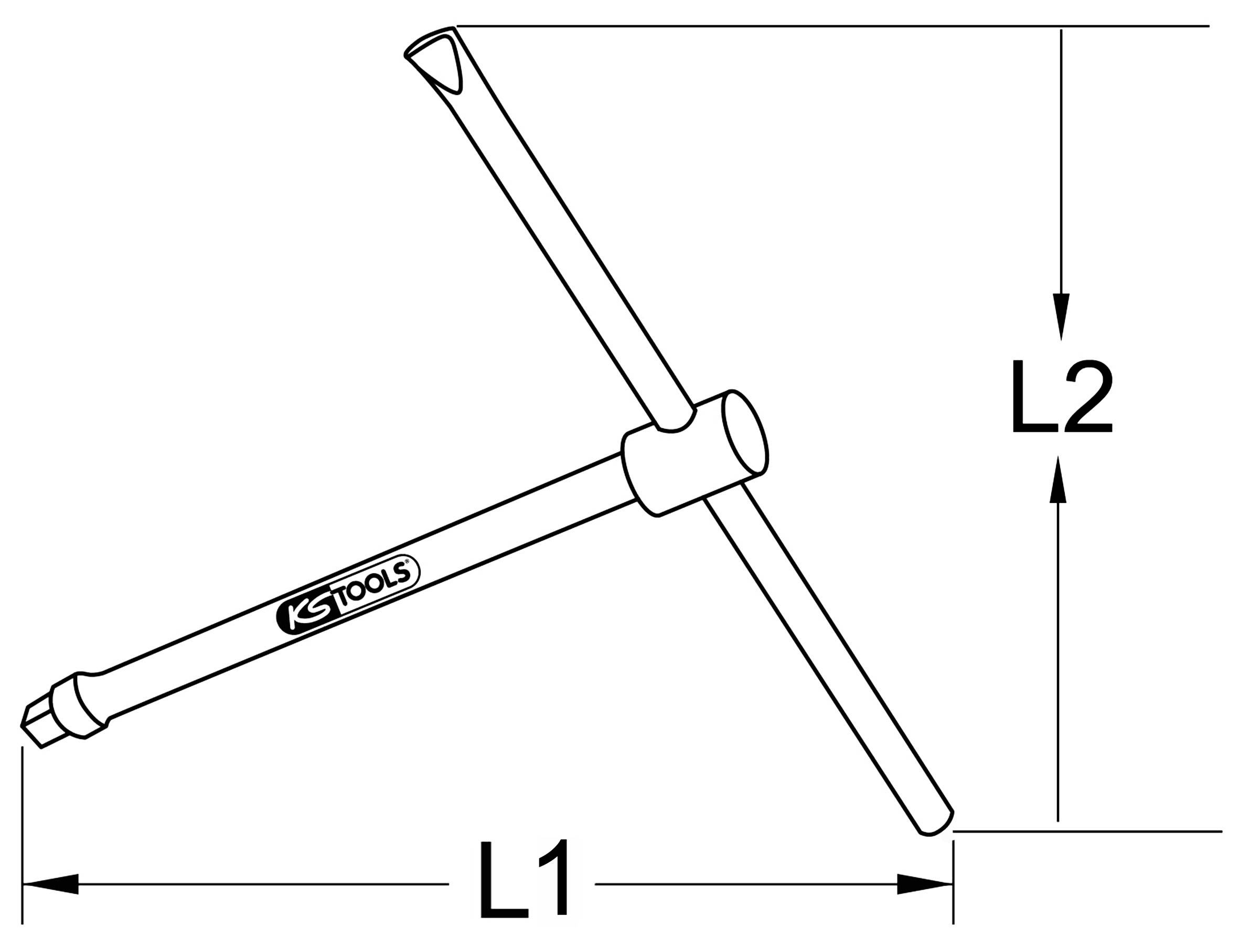 Klucz do śrub w kształcie trójnika z oznaczeniami długości 'L1' i 'L2'. Narzędzie posiada ergonomiczny uchwyt i jest produkcji KS Tools.
