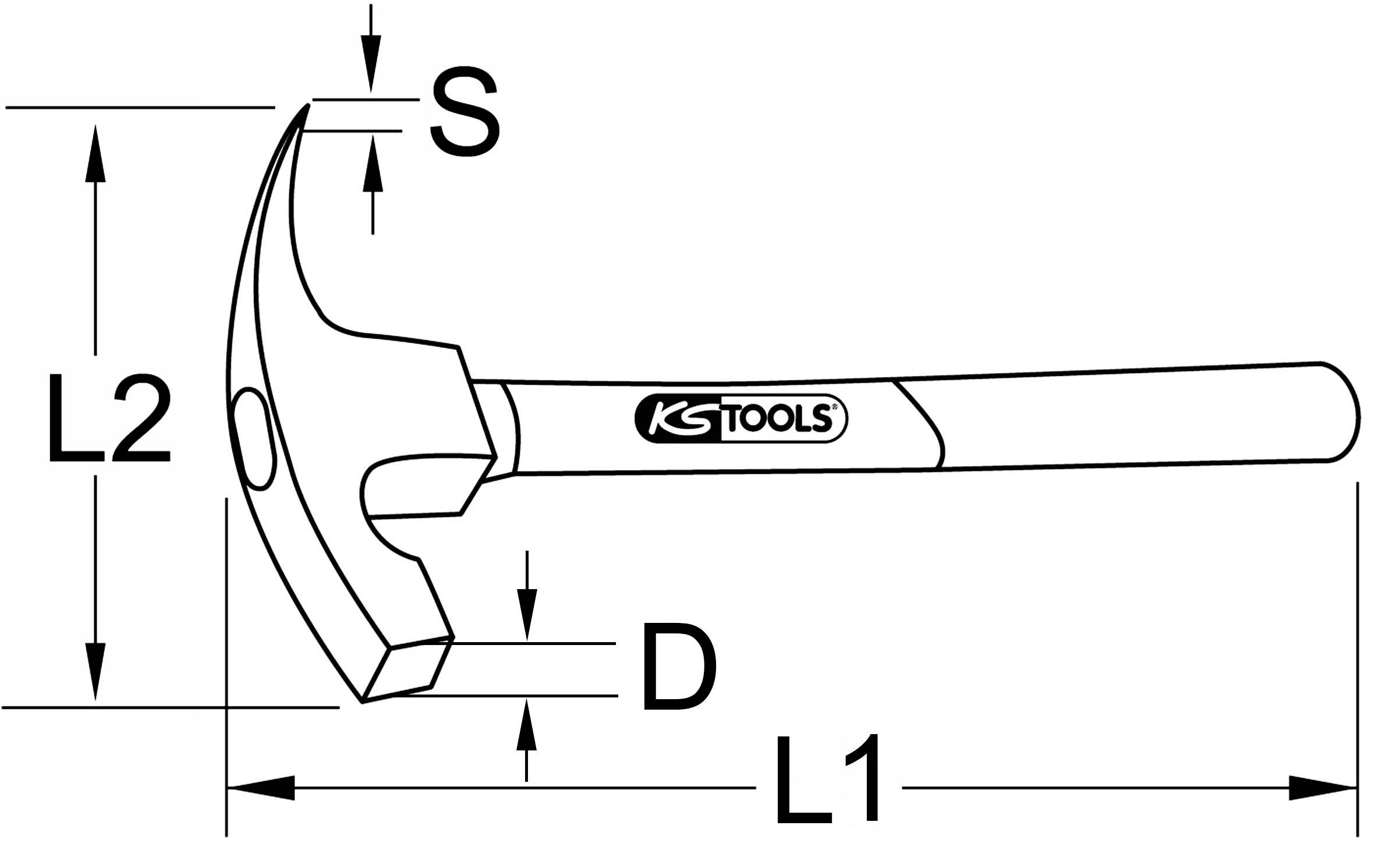 Rysunek młotka z oznaczeniami wymiarów: L1 i L2 dla długości, S dla głębokości, D dla średnicy. Nazwa marki na rękojeści.