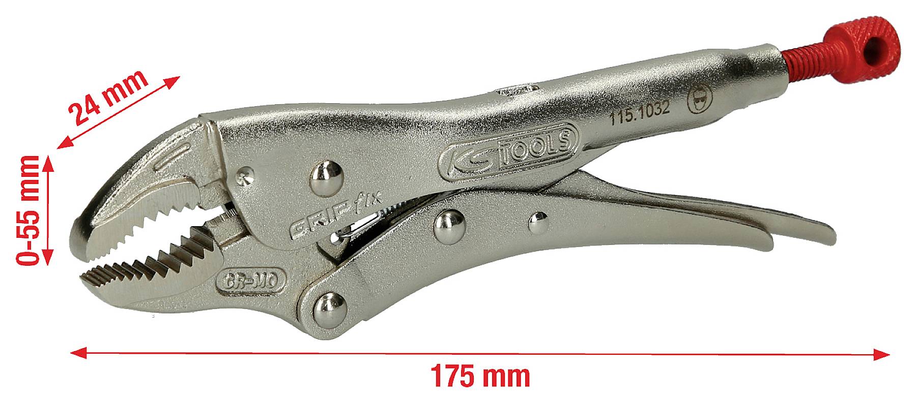Szczypce z regulowaną rękojeścią, długość 175 mm, rozpiętość 0-55 mm, rozwarcie szczęk 24 mm, kolor srebrny, czerwona śruba regulacyjna na końcu.