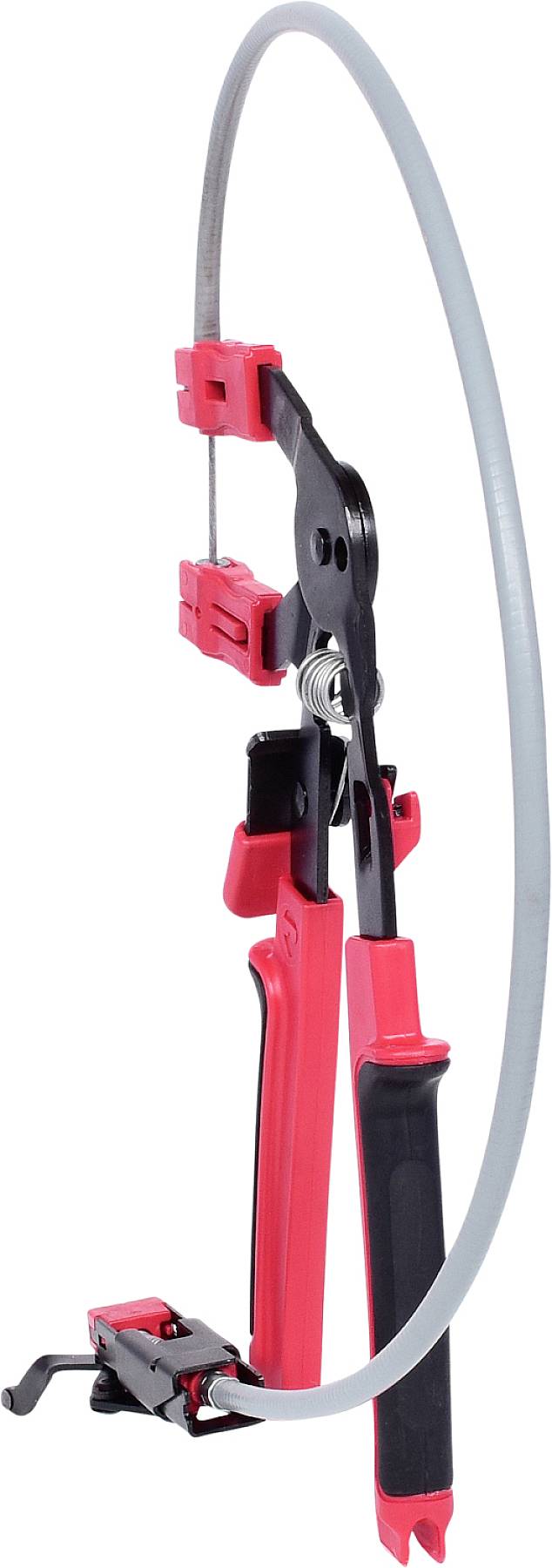 Duży czerwony zacisk z szarym paskiem zaciskowym, służący do spinania lub trzymania materiałów, na białym tle.