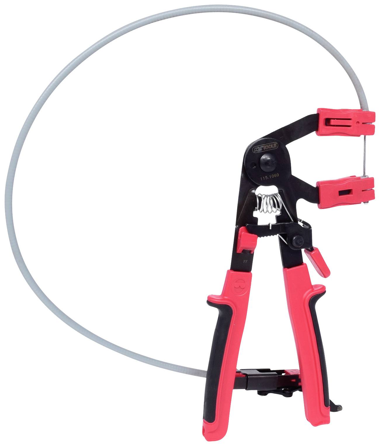 Szczypce do opasek zaciskowych, z czerwonymi uchwytami, z elastycznym przewodem do miejsc trudno dostępnych, odpowiednie do opasek metalowych lub plastikowych.