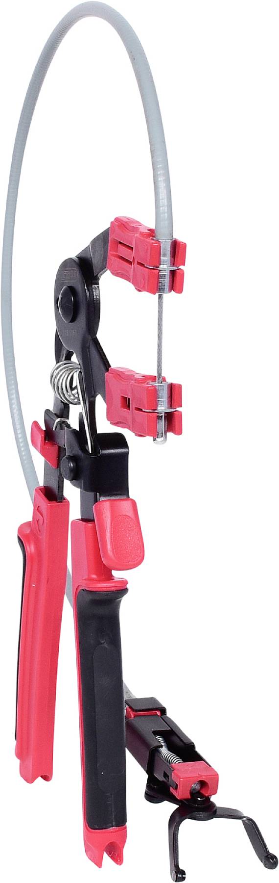 Narzędzie ręczne z czerwonym uchwytem do trzymania i zaciskania przewodów lub kabli, wyposażone w mechanizm dźwigniowy oraz elastyczną taśmę zaciskową.