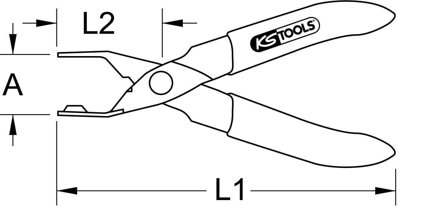 Ilustracja szczypiec z wymiarami L1 i L2 oraz A. Szczypce mają zakrzywiony uchwyt i są oznaczone napisem 'KS Tools'.
