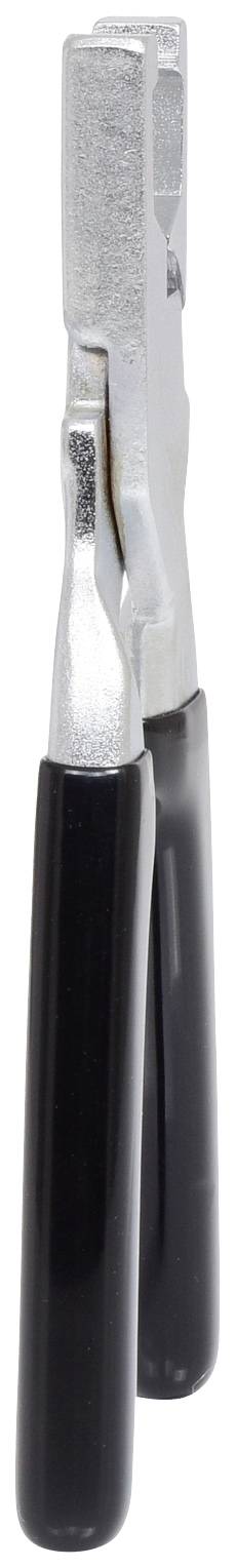 Srebrne szczypce metalowe z czarnymi uchwytami, ustawione pionowo.