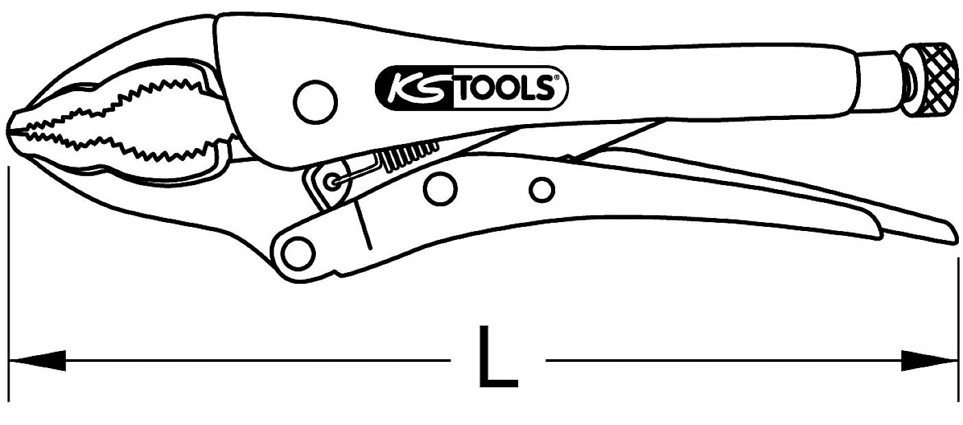 Ilustracja zacisku blokującego marki KS Tools z regulowanym mechanizmem do różnych zakresów mocowania.
