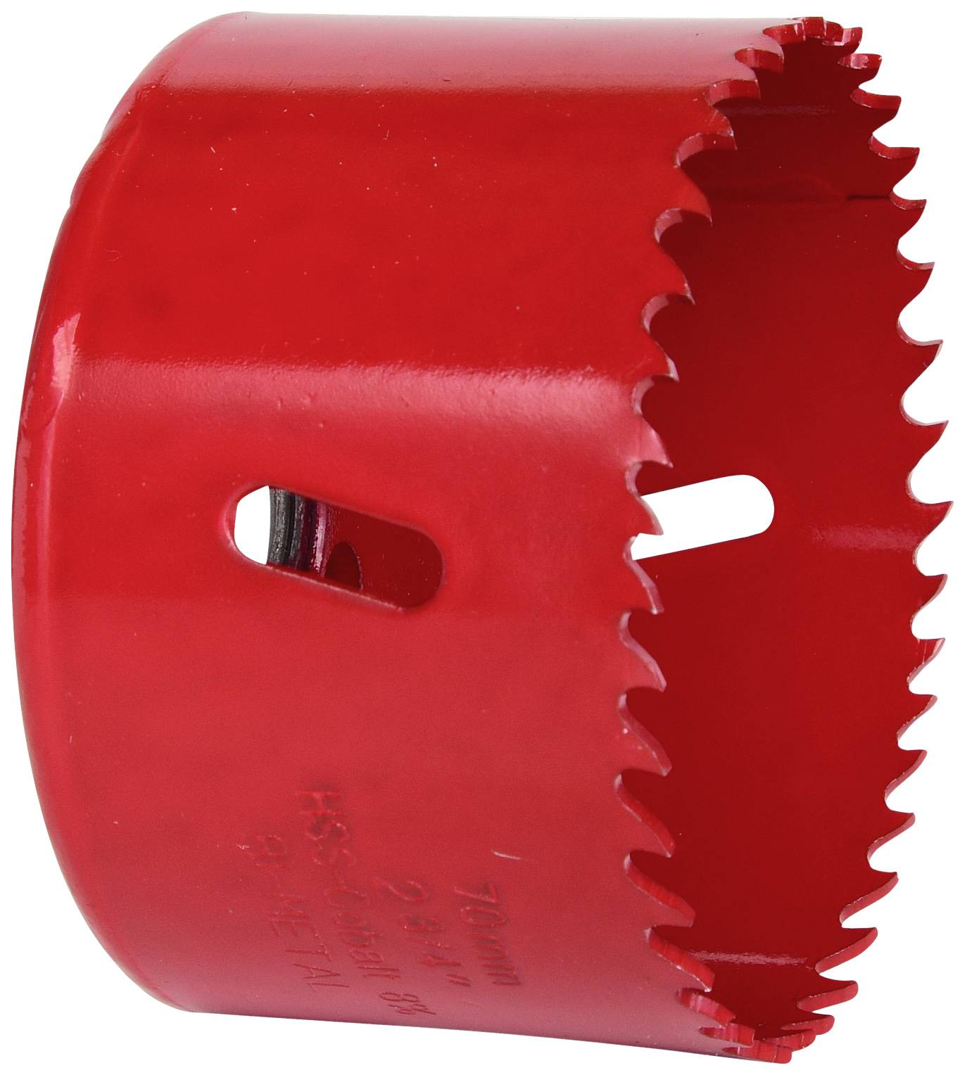 Czerwona piła otwornica metalowa z ząbkowaną krawędzią tnącą, odpowiednia do wycinania okrągłych otworów w różnych materiałach.