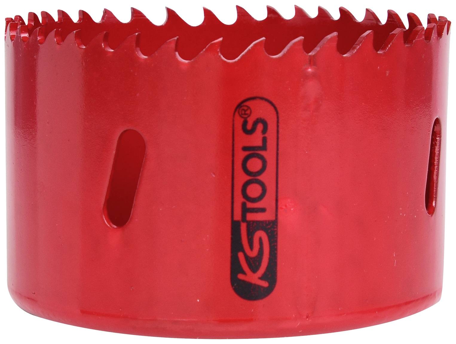 Czerwona tarcza piły otworowej z ząbkowaną krawędzią, odpowiednia do precyzyjnego wiercenia w różnych materiałach, widoczne logo 'KS TOOLS'.