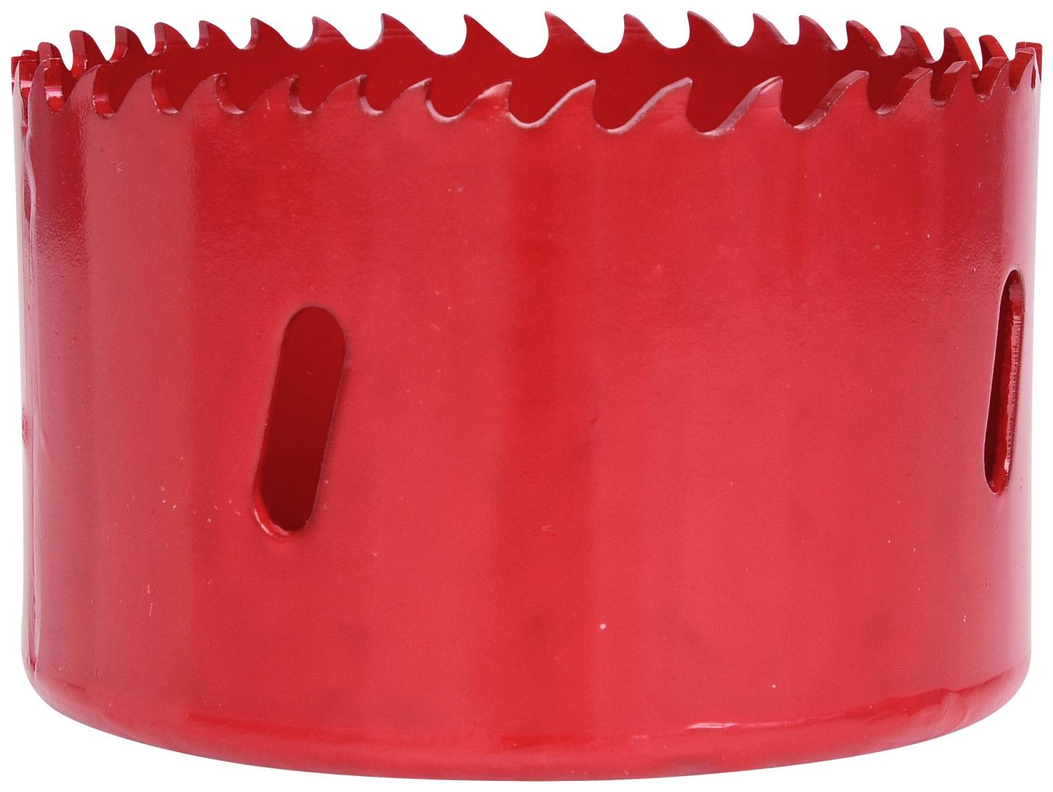 Czerwona piła otwornica metalowa z ząbkowanymi ostrzami tnącymi. Używana do wycinania okrągłych otworów w różnych materiałach.