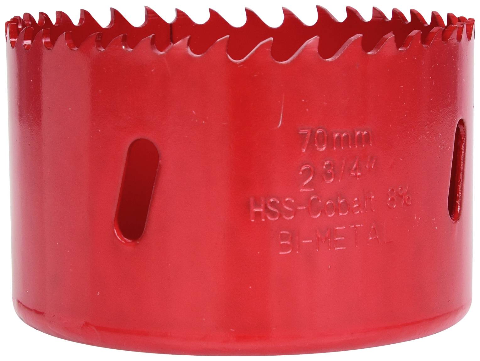 Czerwona tarcza piły otworowej z uzębionymi zębami z napisem '70mm 2 3/4" HSS-Kobalt 8% BI-METAL'.