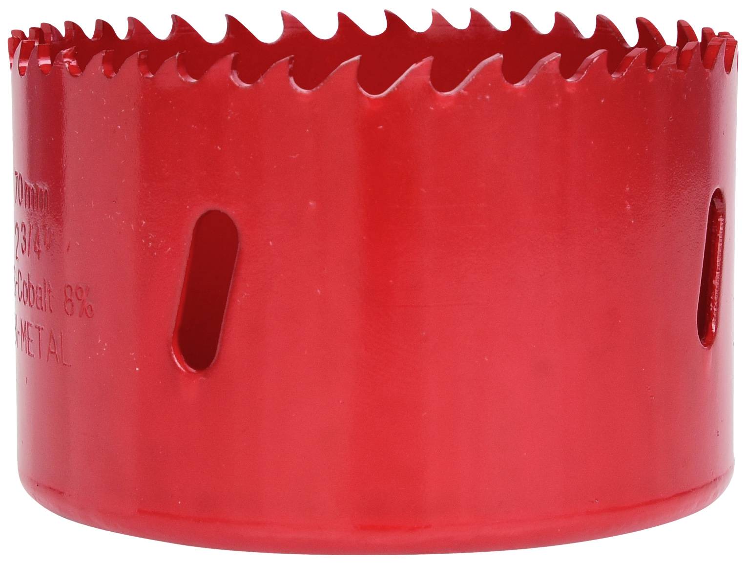 'Czerwona metalowa piła otwornica z ząbkowaną krawędzią i bocznymi otworami wentylacyjnymi do precyzyjnego cięcia w drewnie lub metalu.'