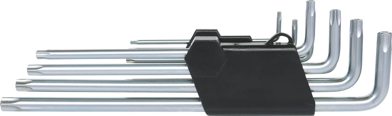 Zestaw sześciu srebrnych kluczy sześciokątnych w czarnym uchwycie, sfotografowany pod skosnym kątem z boku.