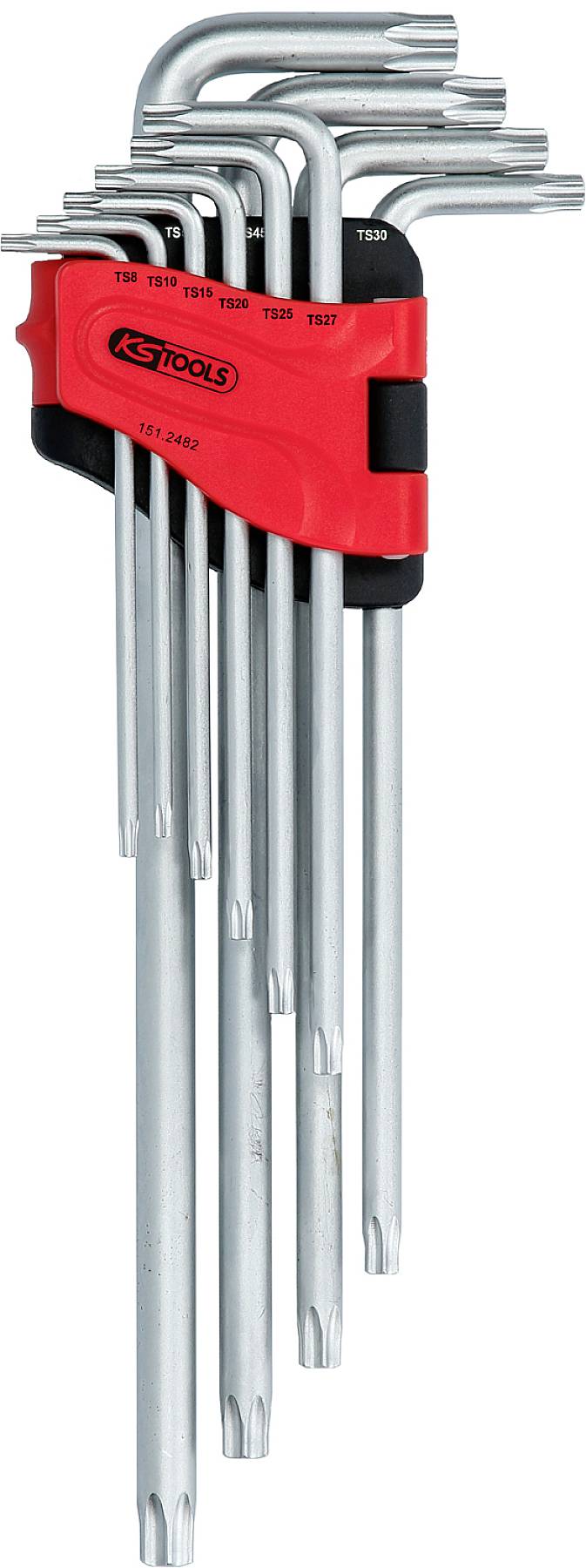 Zestaw dziewięciu srebrnych kluczy Torx o różnych rozmiarach, umieszczonych w czerwonym uchwycie z czarnymi elementami.