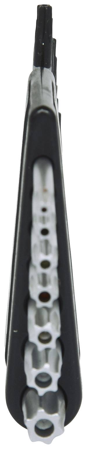 Zbliżenie czarnego metalowego narzędzia z wieloma warstwami ułożonymi w stosy, widocznymi z góry.