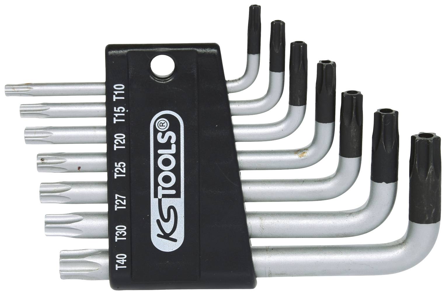 Zestaw kluczy Torx o różnych rozmiarach od T10 do T40 w czarnym uchwycie, ułożonych w kolejności rosnącej.